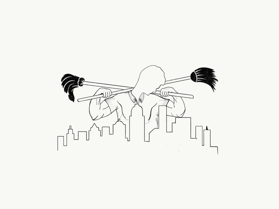 900x674 Simple Line Drawing Of Powerful Cleaning Man Looking Down At City