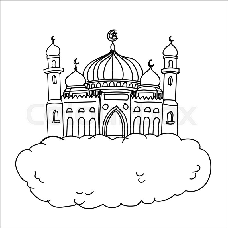 800x800 Cartoon Sketch Of Mosque On White Cloud Background For Islamic