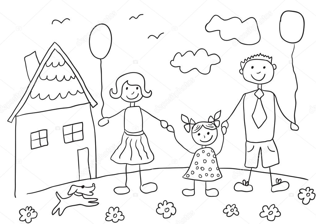 1023x725 Child's Drawing Happy Family With Dog. Father, Mother, Daughter