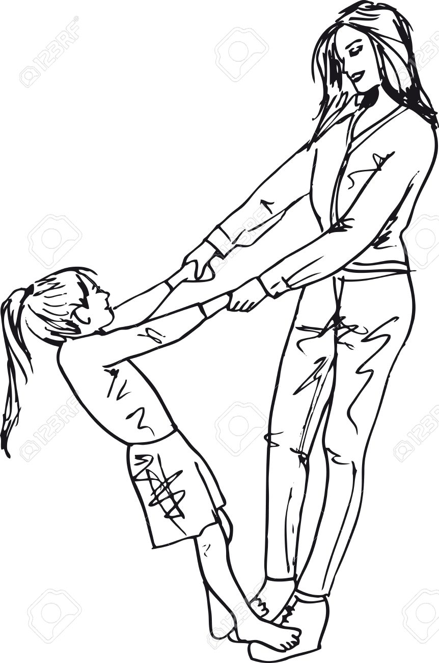862x1300 Sketch Of Little Girl Having Fun With Her Beautiful Mother. Vector