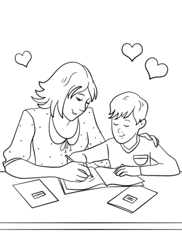 375x480 Mother Helping Her Son With Homework Coloring Page Free