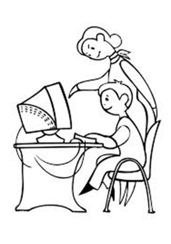 600x852 Mother Teach Her Son Using Computer Coloring Page Coloring Sun