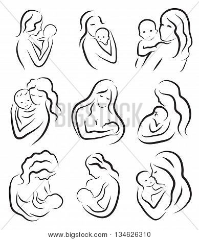389x470 Set Silhouette Sketch Mother Child Vector Amp Photo Bigstock