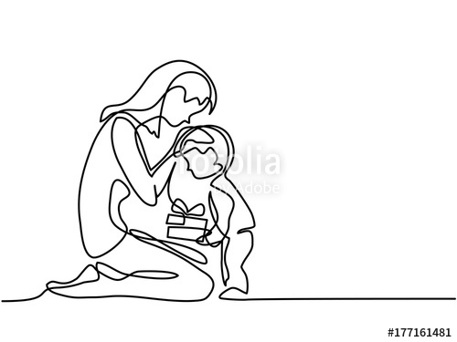 500x375 Continuous Line Drawing. Mothers Day. Child Present Gift To His