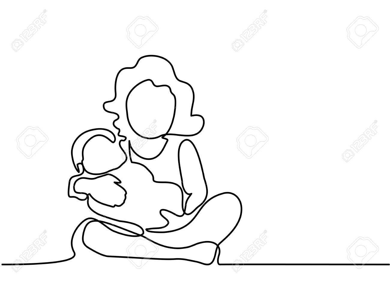 1300x975 Continuous Line Drawing. Mother And Child. Vector Illustration