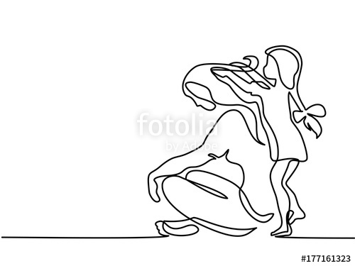 500x375 Continuous Line Drawing. Small Daughter Making Hairstyle To Her