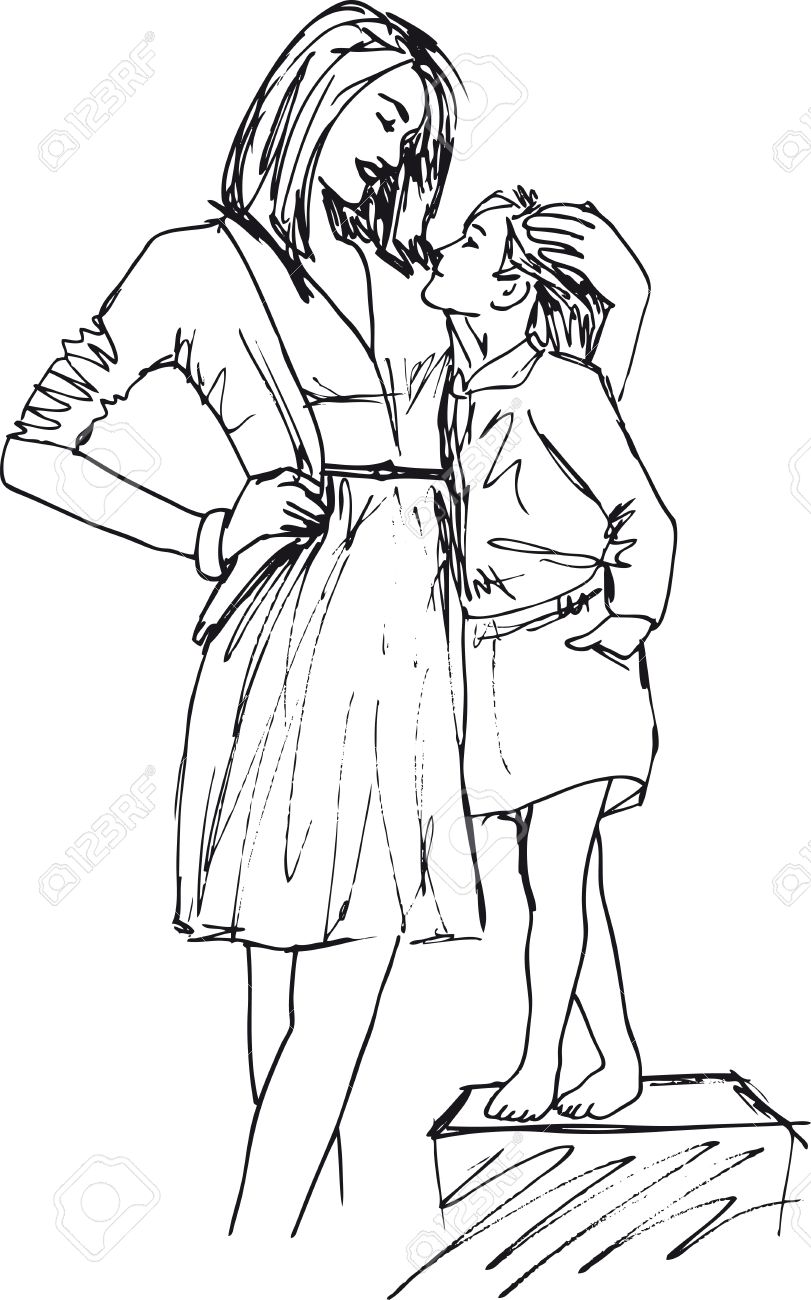 811x1300 Sketch Of Little Girl Having Fun With Her Beautiful Mother. Vector