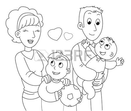 450x381 Mother, Father, Son And Baby. Coloring Illustration. Royalty Free