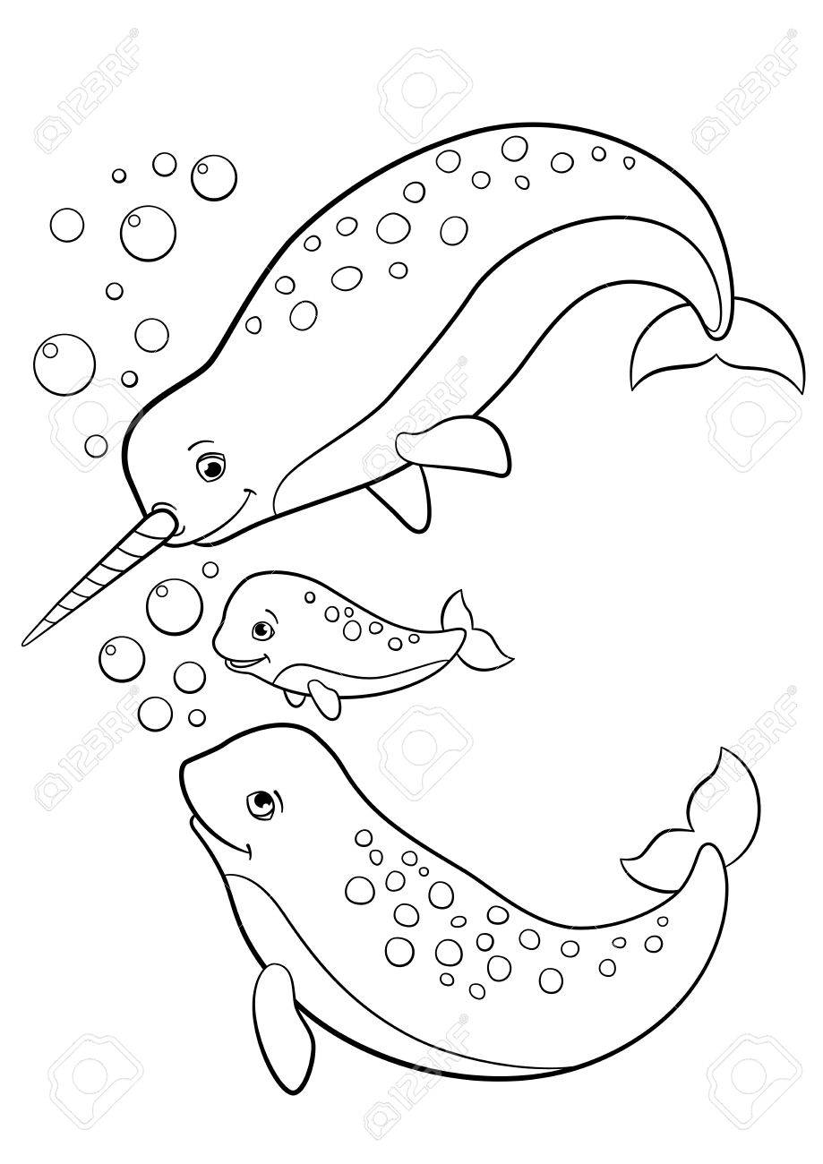 919x1300 Coloring Pages. Mother, Father And Baby Narwhals Swim And Smile