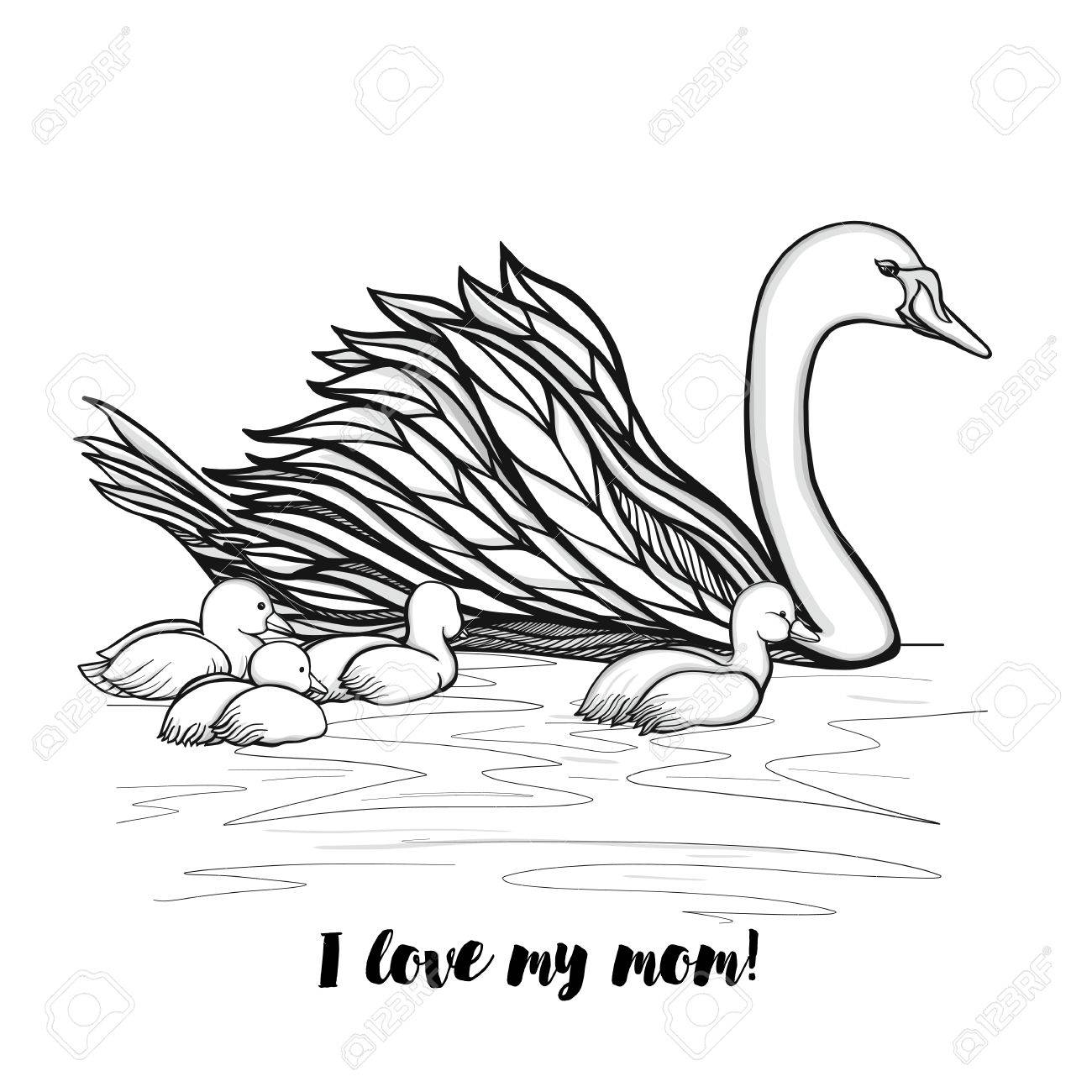 1300x1300 Mother Swan With Chicks With Lettering I Love My Mom. Vector