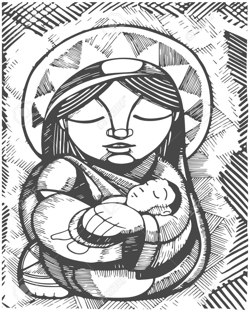 1040x1300 Hand Drawn Illustration Or Drawing Of Virgin Mary Mother