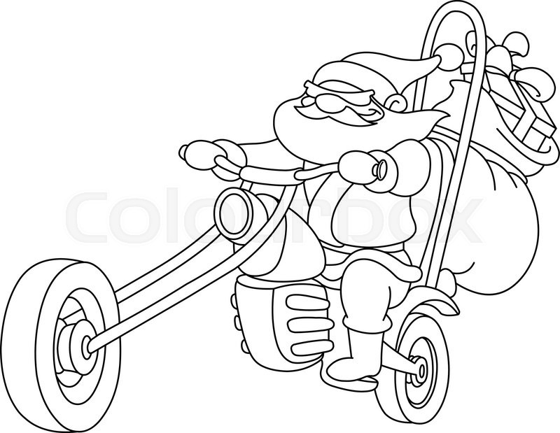 800x619 Outlined Santa On A Motorcycle. Vector, Illustration Coloring Page