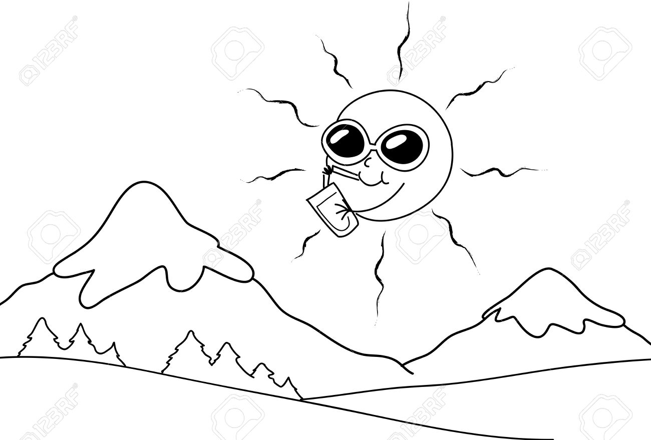 1300x879 Happy Cartoon Sun On The Mountains Coloring Illustration Stock