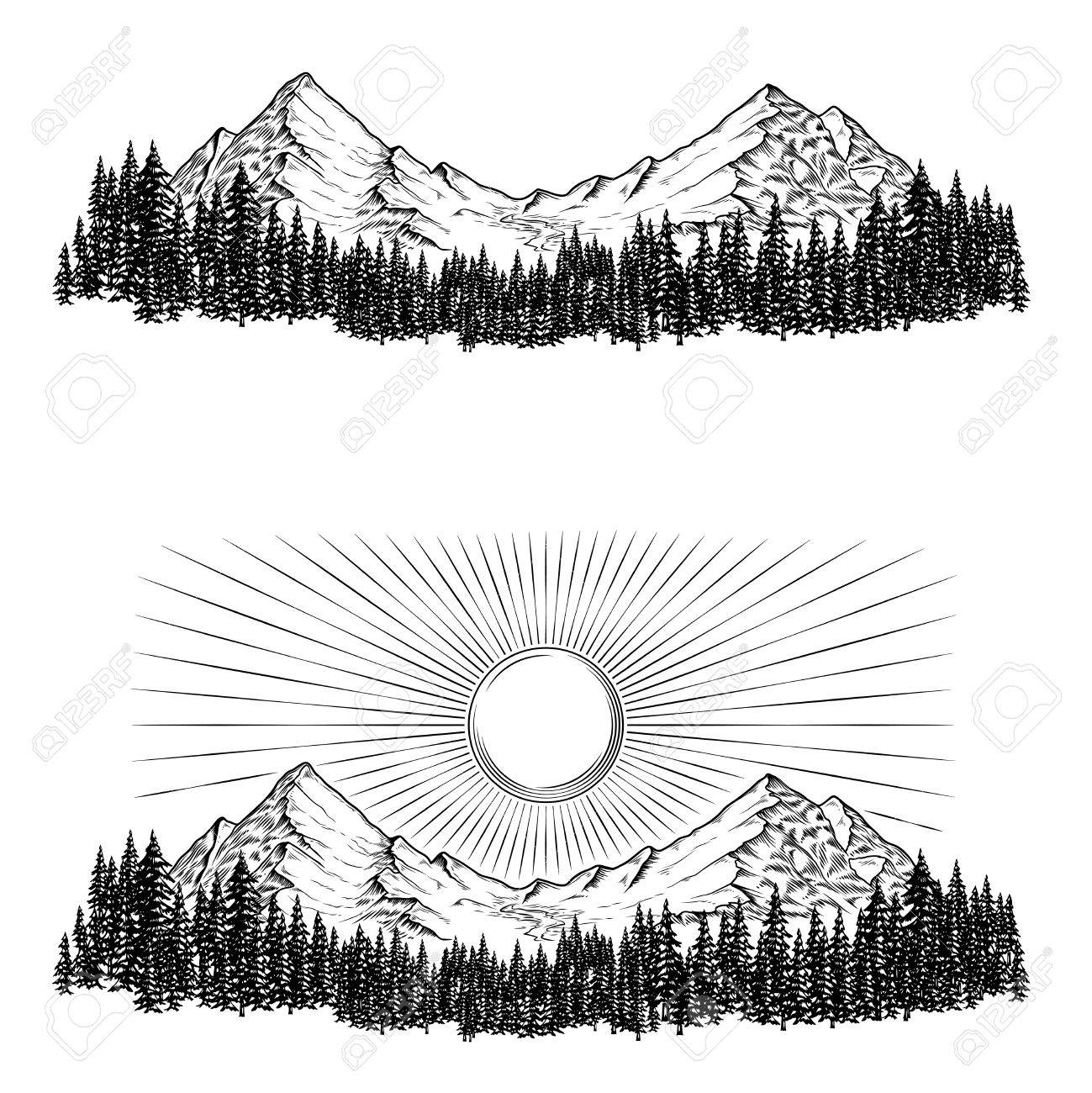 1299x1300 Set Of Hand Drawn Vector Illustrations The Mountains