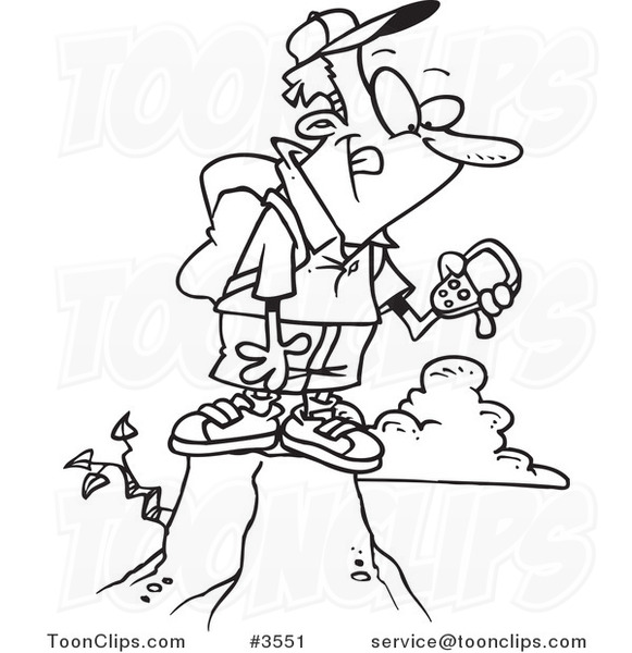 581x600 Cartoon Black And White Line Drawing Of A Guy On Top Of A Mountain