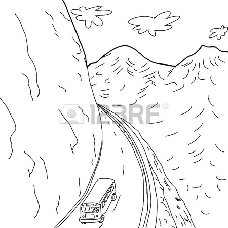 450x450 Outline Cartoon Drawing Of School Bus On Mountain Highway Royalty