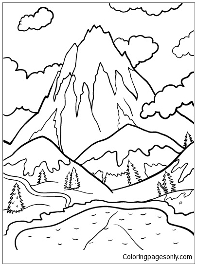 405x546 Lake And Mountains Coloring Page