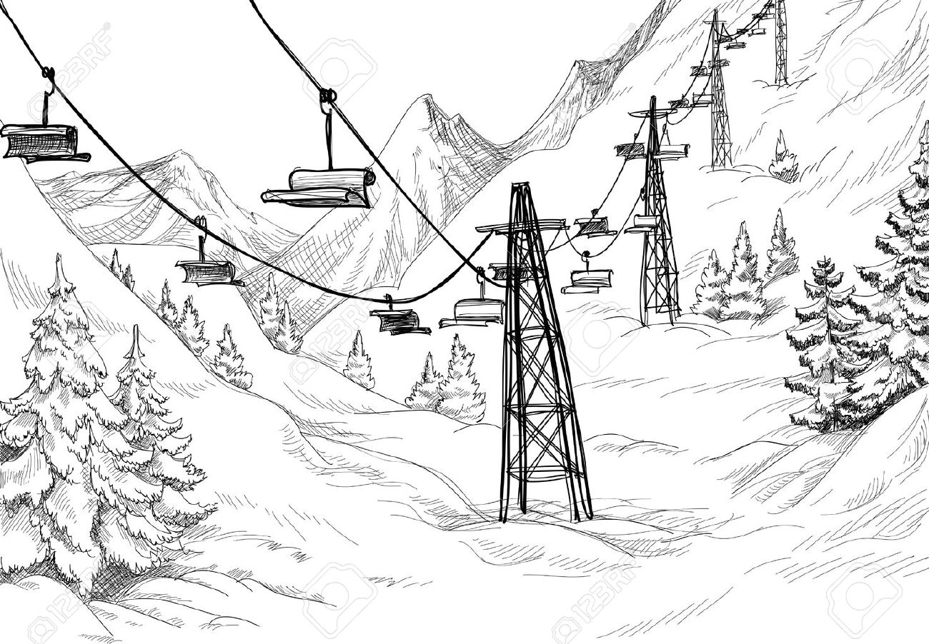 1300x902 Ski Lift Sketch Royalty Free Cliparts, Vectors, And Stock