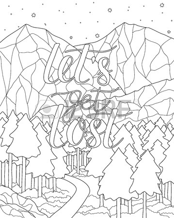 359x450 Mountain Scenery. Adult Antistress Coloring Page With Adventure