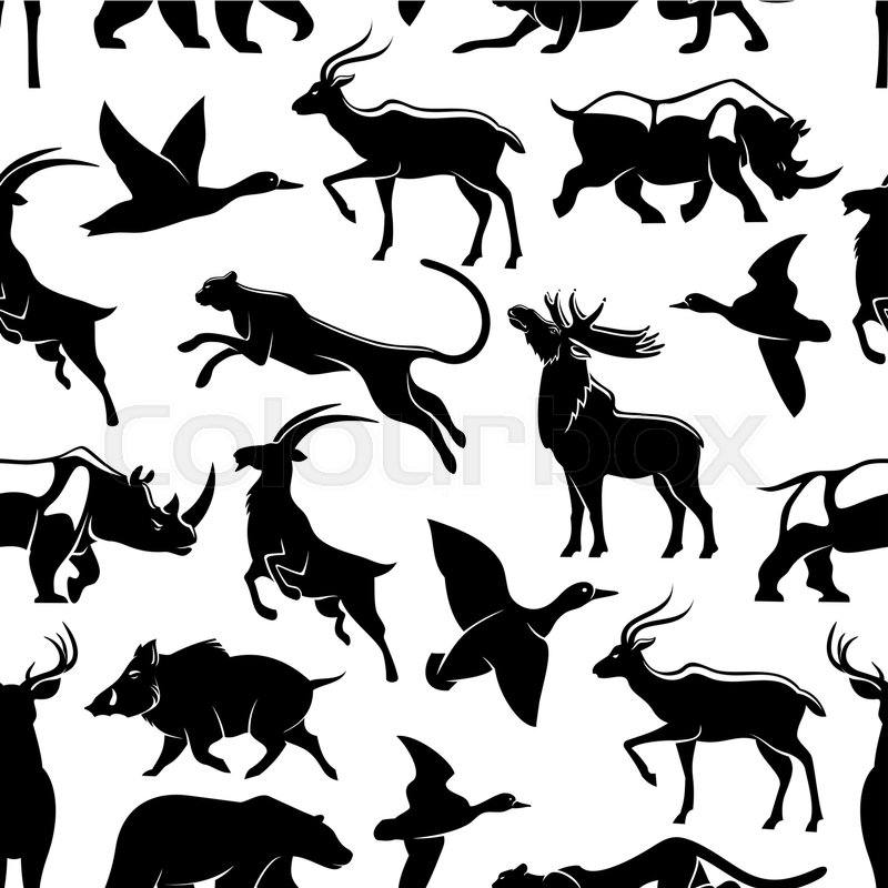 800x800 Wild Animals And Birds Vector Seamless Pattern. Silhouettes