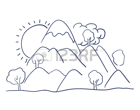 450x354 Mountain Landscape. Hand Drawn, Vector Illustration Over White