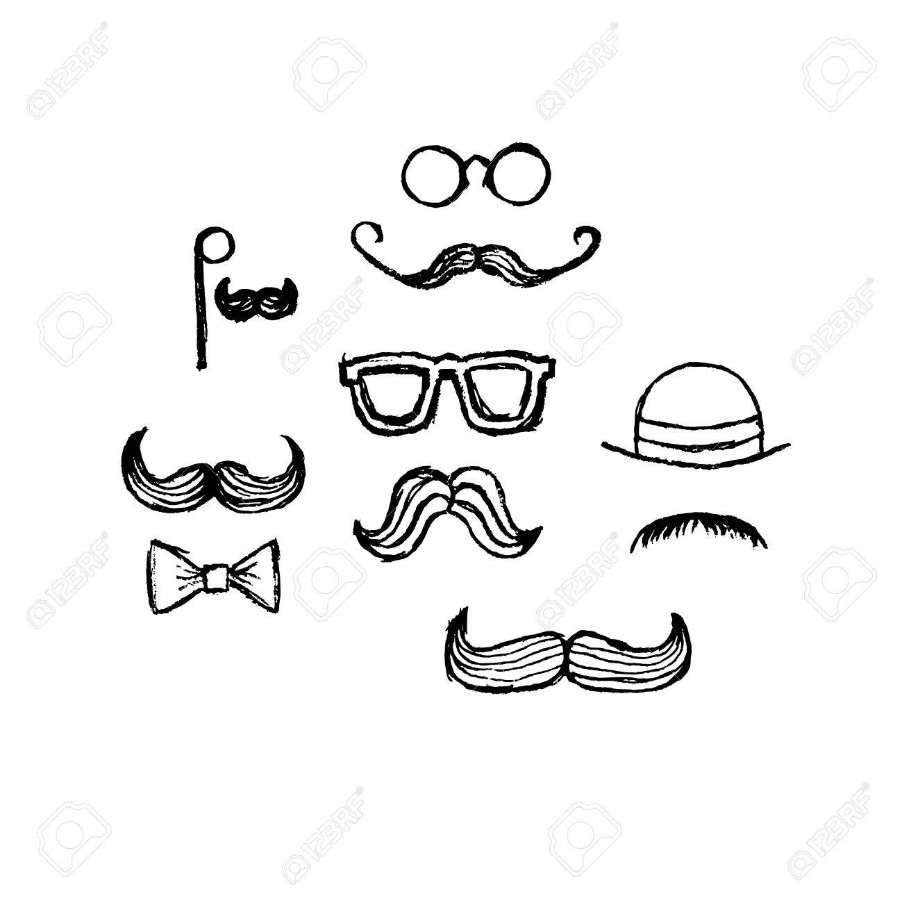 1299x1300 Pencil Hand Drawn Different Moustaches, Sunglasses, Hat, Butterfly