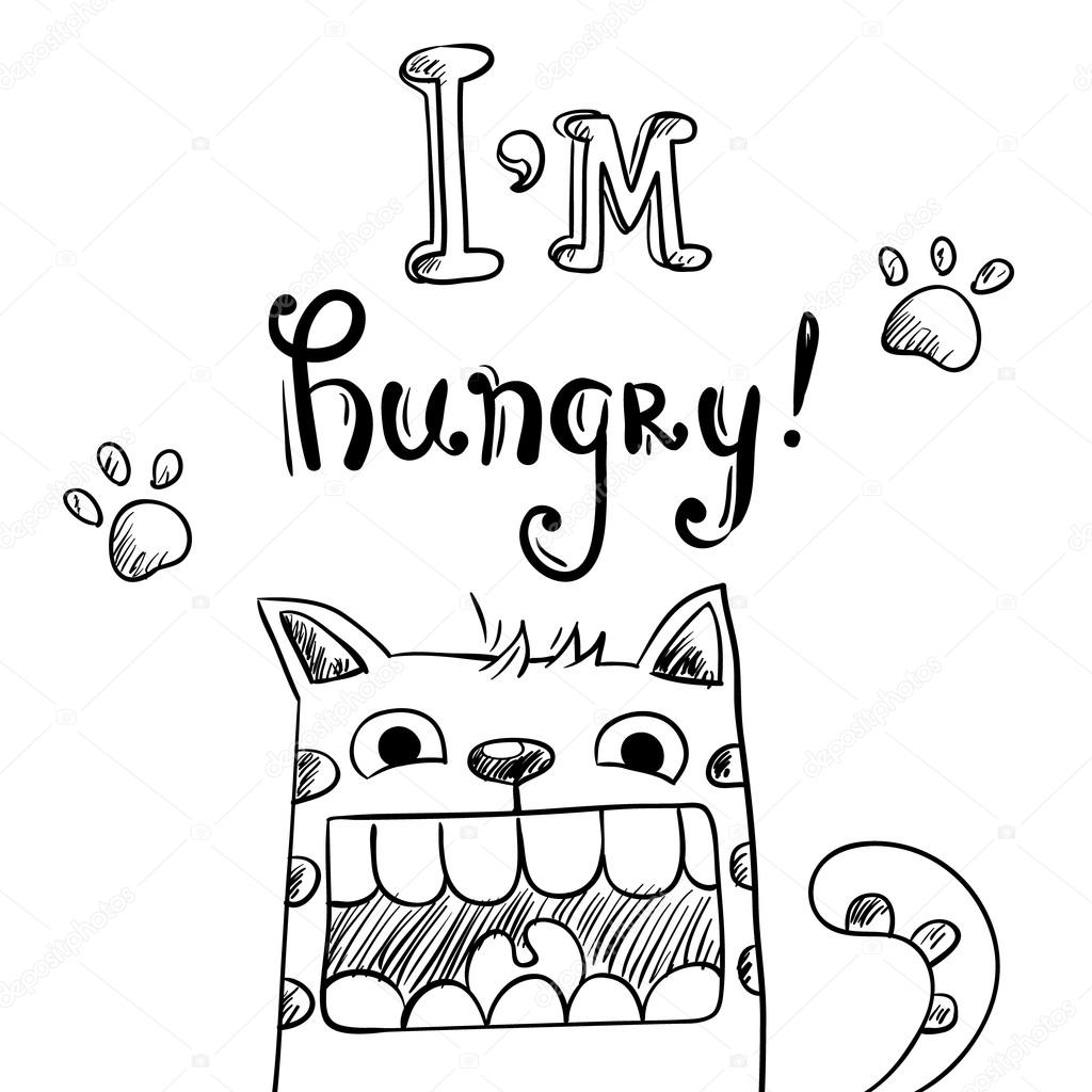 1024x1024 Cartoon Illustration Of Hungry Cat With Huge Mouth Stock Vector