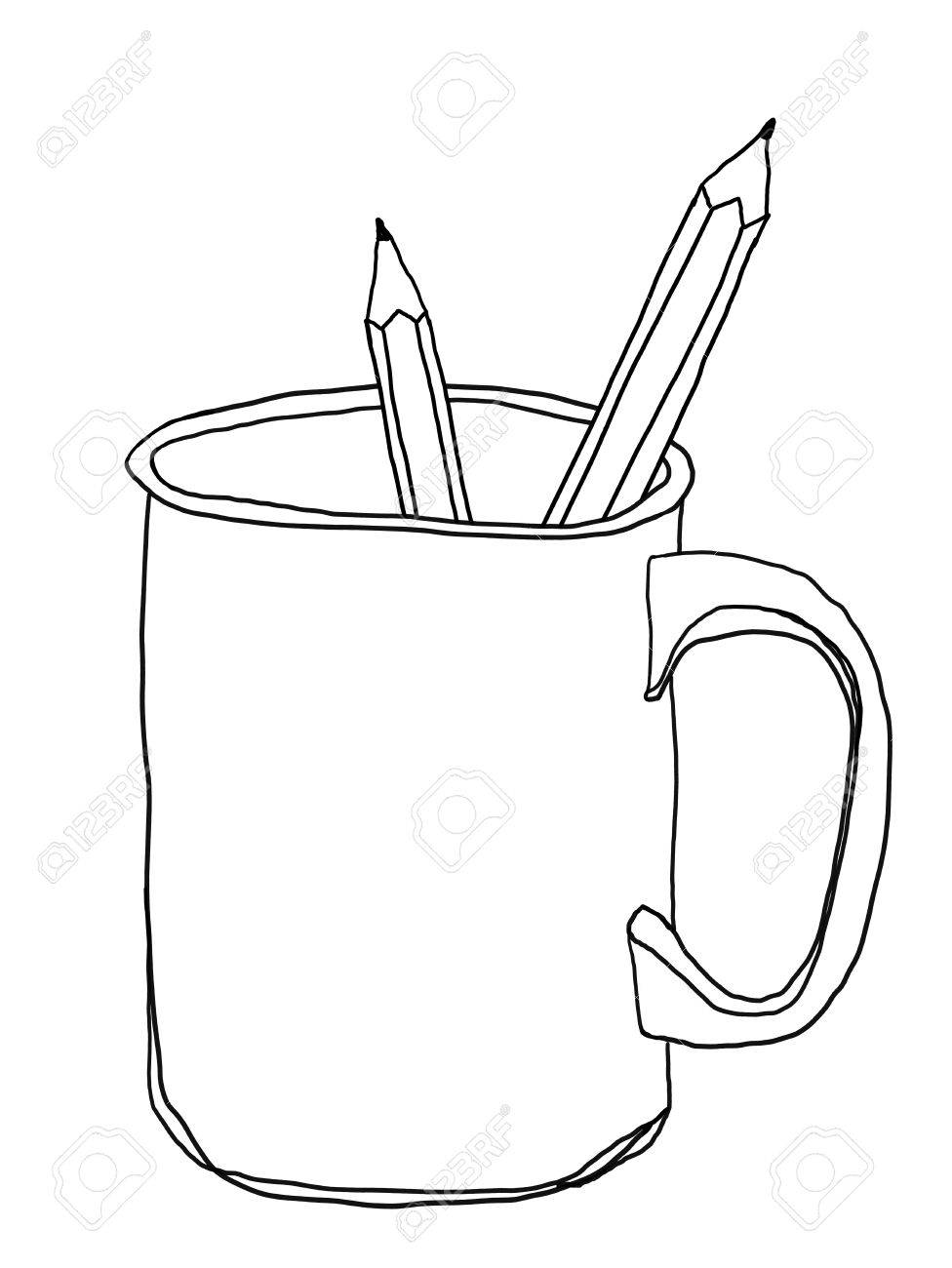 976x1300 Cup Stoneware Mug And Pencil Cute Line Art Illustration Stock