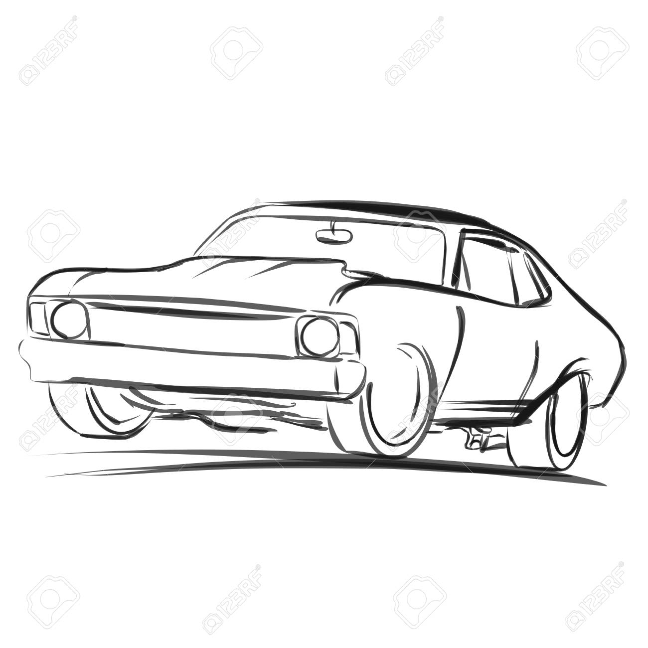 1300x1300 Old Muscle Car Outline Sketch, Vector Artwork Royalty Free