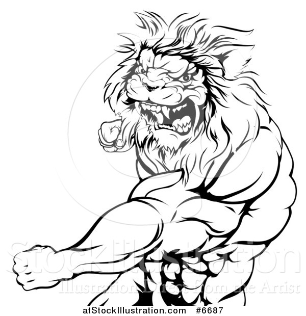 600x620 Vector Illustration Of A Black And White Tough Angry Muscular Lion
