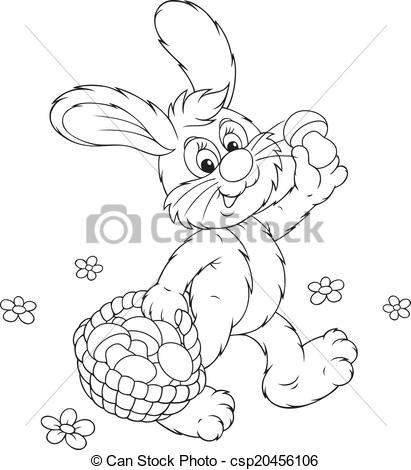 411x470 Bunny With A Basket Of Mushrooms. Rabbit Walking And Vector