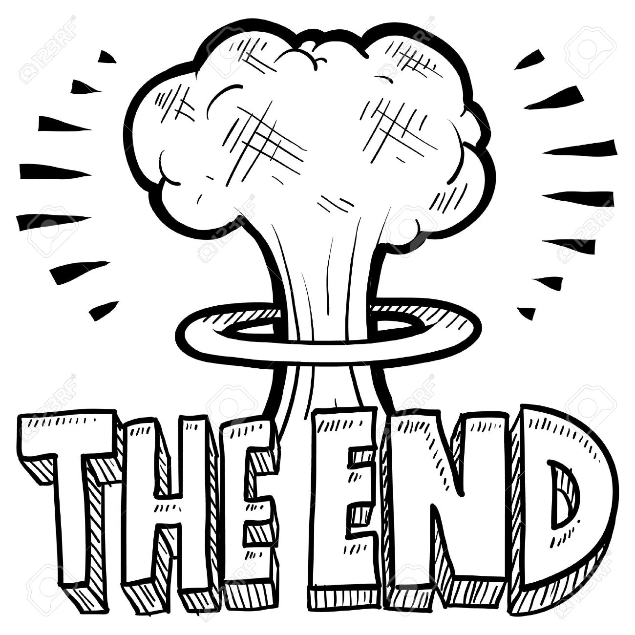 1300x1300 Doodle Style The End Sketch With Cartoon Mushroom Cloud And Text