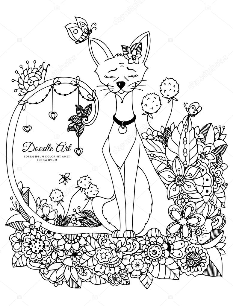 778x1023 Vector Illustration Zen Tangl, Cat Sitting In The Flowers. Doodle