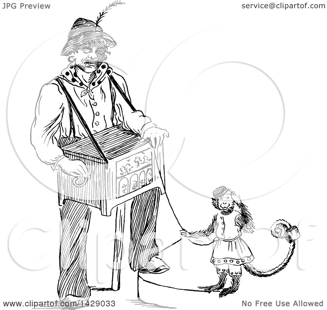 1080x1024 Clipart Of A Vintage Black And White Sketched Man With A Music Box