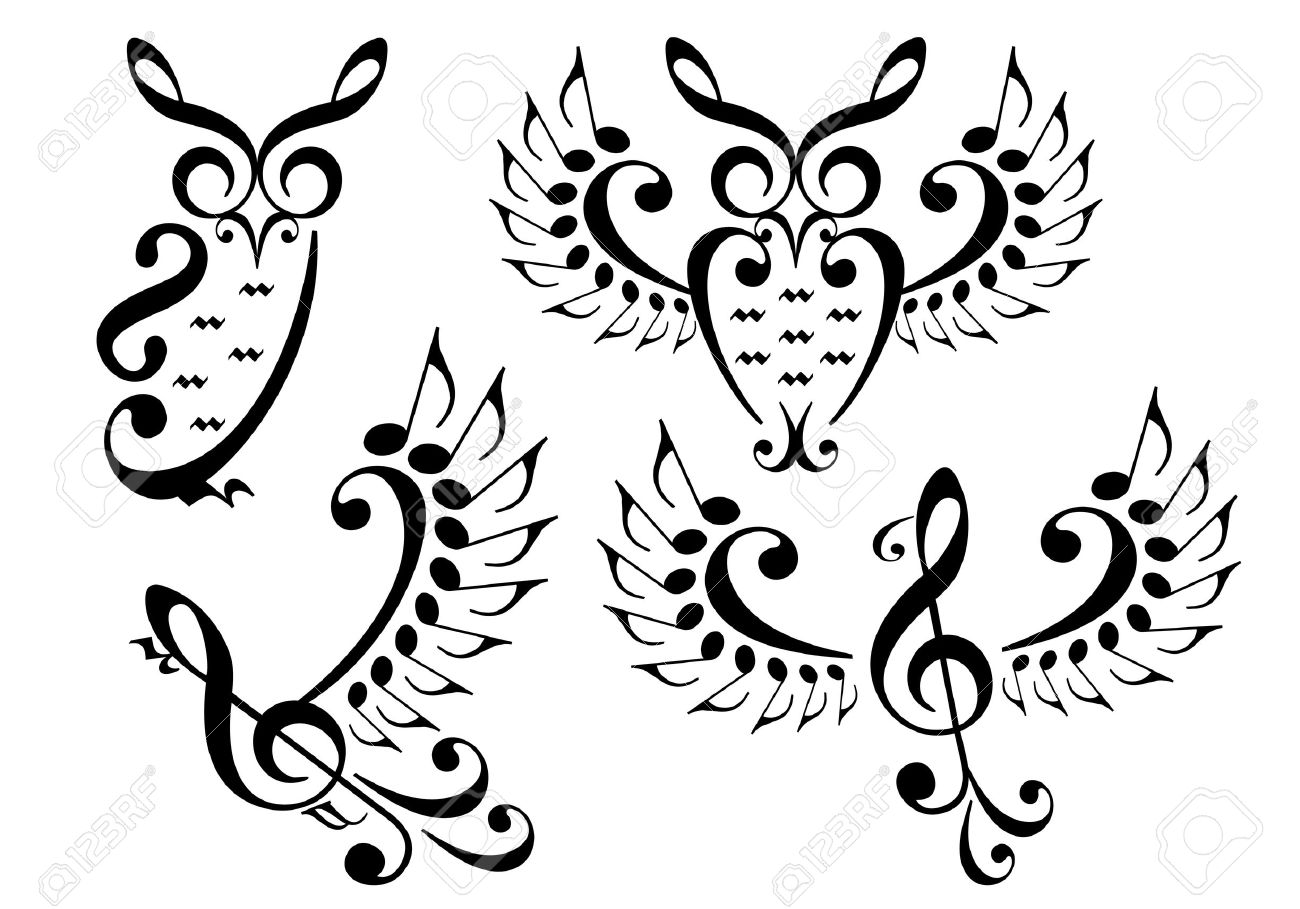1300x909 Music Owl And Flying Bird Made Of Musical Notes, Vector Set