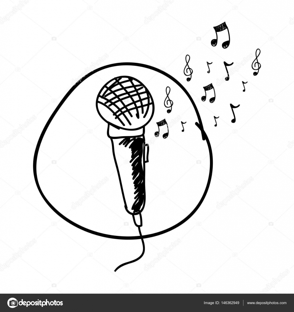963x1024 Monochrome Hand Drawing Of Microphone In Circle And Musical Notes