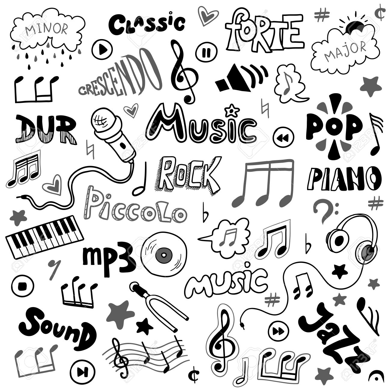 1300x1300 Vector Set Of Hand Drawn Doodles On Music Theme. Colorless Music