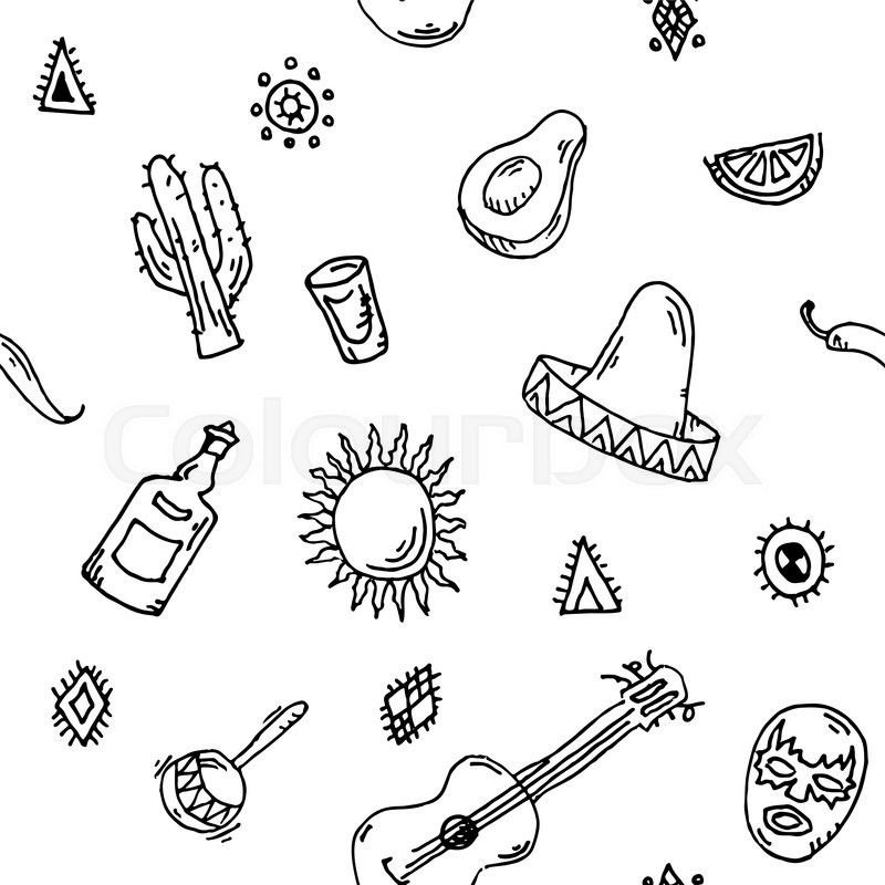 800x800 Hand Drawn Seamless Pattern Vector Set Of Mexican Symbols Guitar