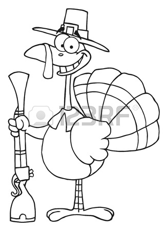 326x450 Outlined Turkey With Pilgrim Hat And Musket Stock Photo, Picture