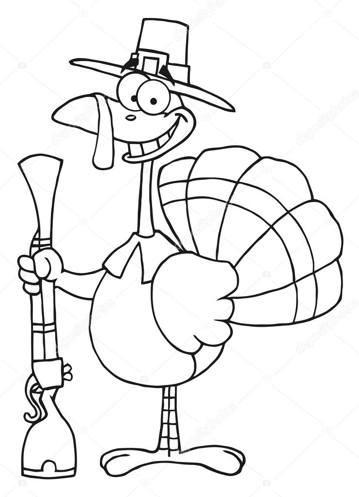 741x1024 Outlined Turkey With Pilgrim Hat And Musket Stock Photo