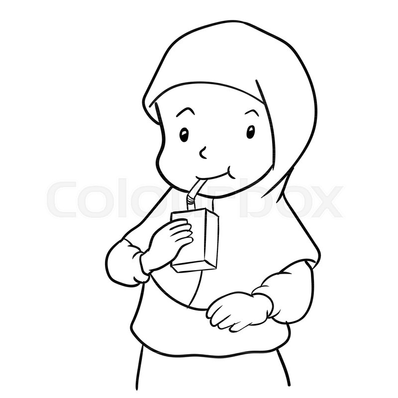 800x800 Hand Drawing Of Muslim Girl Drinking Milk Isolated On White