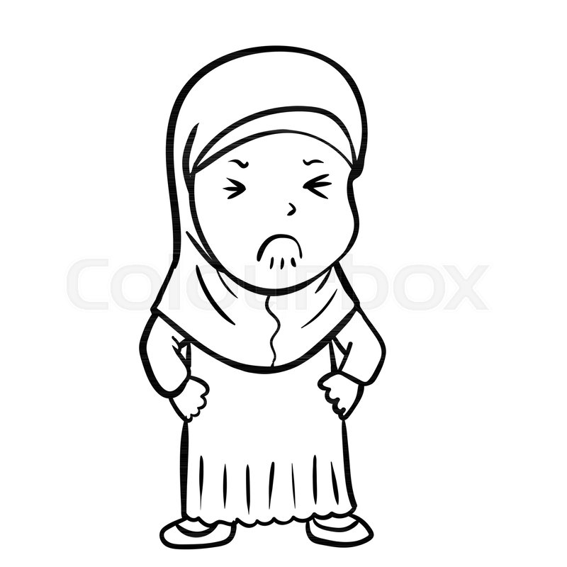 800x800 Hand Drawing Frustrated Muslim Girl Cartoon, Isolated On White