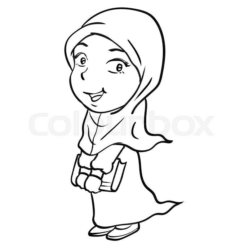 800x800 Hand Drawing Of Cartoon Smiley Muslim Girl Holding Book, Isolated
