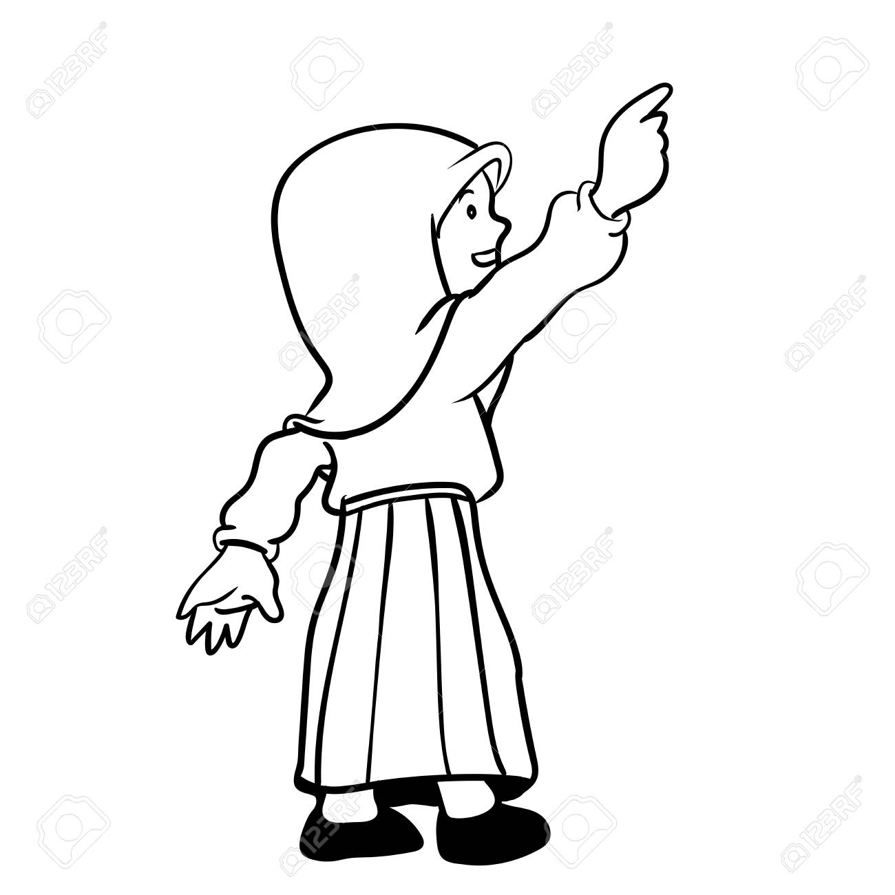 1300x1300 Hand Drawn Muslim Girl Pointing Up, Cartoon With Victory Sign