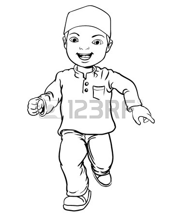 376x450 Hand Drawing Happy Muslim Boy Make Running. Brown Trousers, Yellow