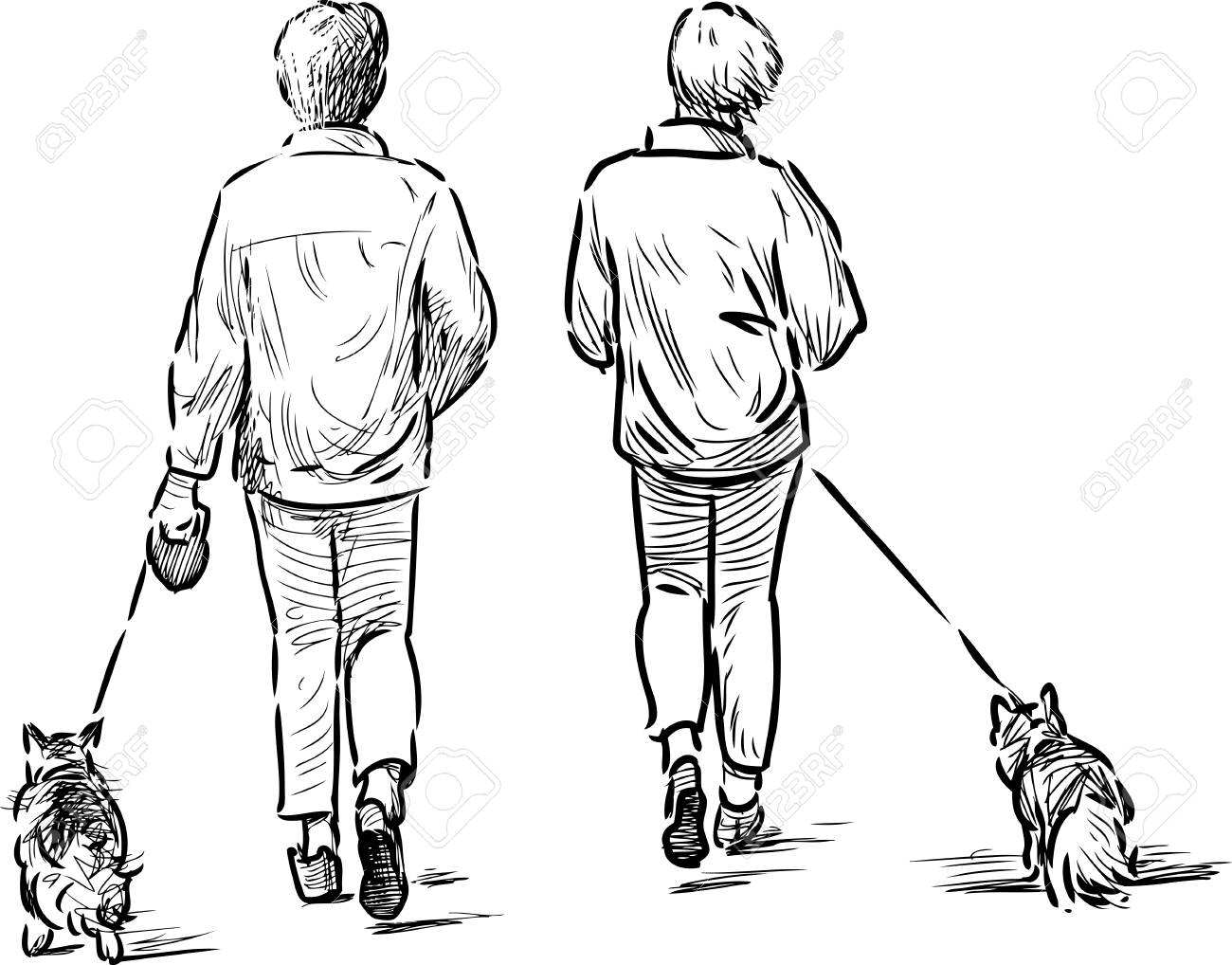1300x1018 Hand Drawing Of The People With Their Pets On A Walk Royalty Free