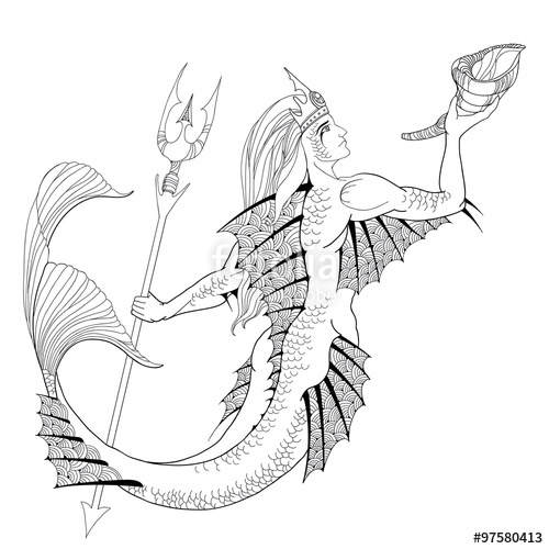 500x500 Mythological Neptune Or Poseidon With Trident And Horn In Hand