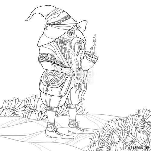 500x500 Vector Mythological Line Drawing Gnome Or Dwarf With Tobacco Pipe