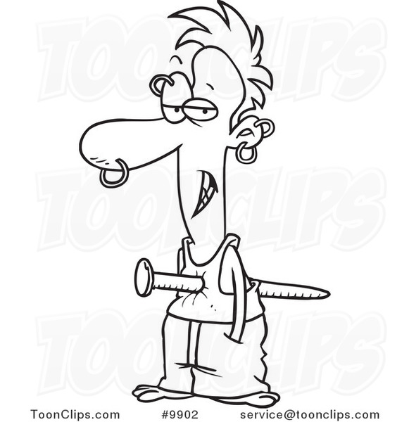 581x600 Cartoon Black And White Line Drawing Of A Guy Pierced With A Nail