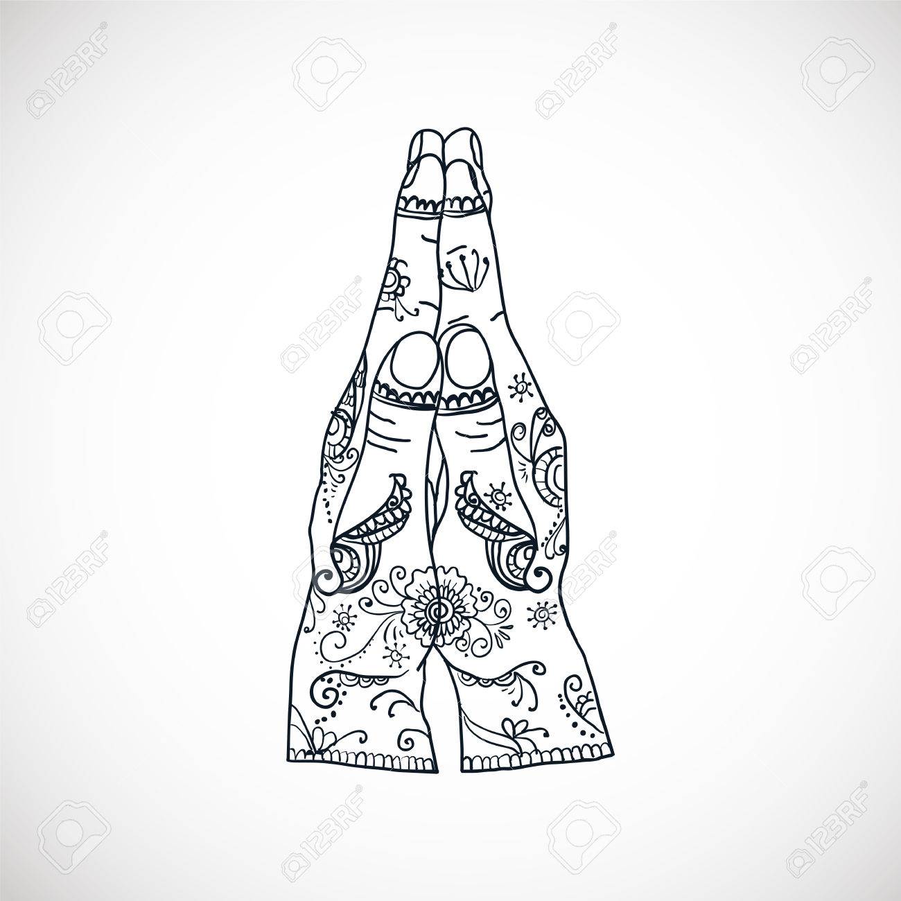 1300x1300 Element Yoga Mudra Hands Namaste With Mehndi Patterns. Vector